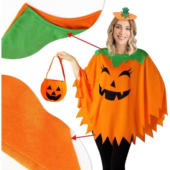 Women Orange Pumpkin Costume Halloween Poncho for Adult Costume with Accessories - Picture 3 of 6